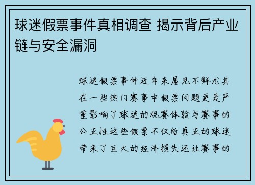球迷假票事件真相调查 揭示背后产业链与安全漏洞
