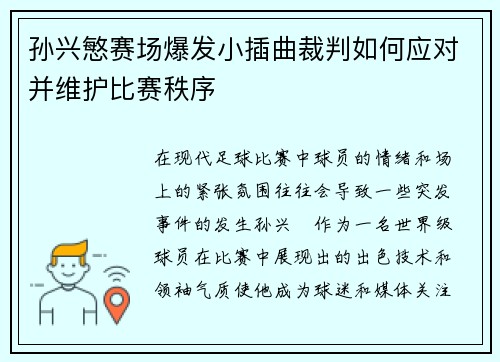 孙兴慜赛场爆发小插曲裁判如何应对并维护比赛秩序