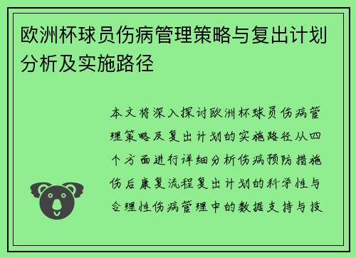 欧洲杯球员伤病管理策略与复出计划分析及实施路径