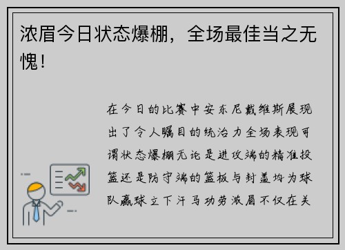 浓眉今日状态爆棚，全场最佳当之无愧！